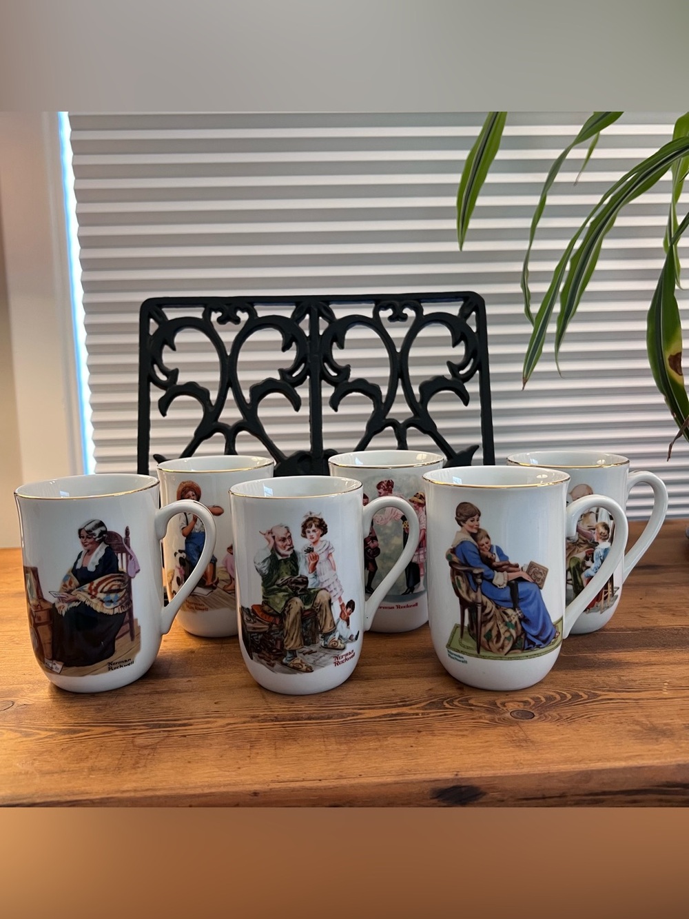 Vintage Norman Rockwell Museum 1980s Porcelain Mugs with Gold Trim, Set of 6